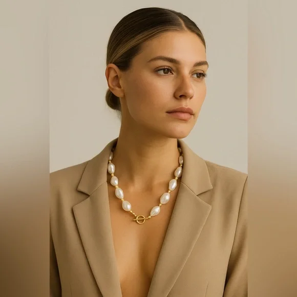 Anthropologie Pearl Necklace – Baroque Gold Toggle Chain – coastal beach - Picture 3 of 11